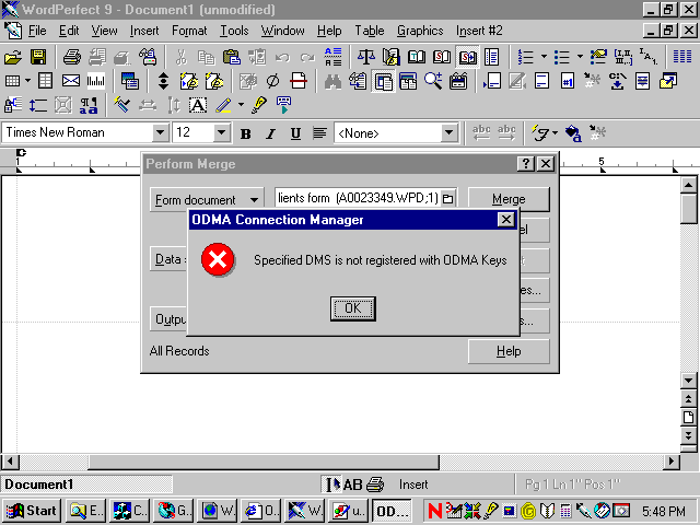 Specified DMS is not registered with ODMA Keys